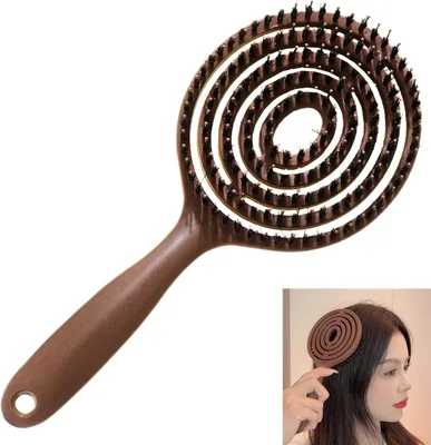 Produktbild von Runde Haarbürste mit Wildschweinborsten, Doppelspiralfeder, braun, für alle Haartypen
