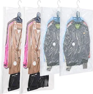 Immagine prodotto di 4 sacchetti sottovuoto per indumenti, 2 pezzi (135 x 70 cm) + 2 pezzi (110 x 70 cm), sacchetti sottovuoto da appendere per piumini, borse, cappotti e giacche invernali; sacchetti sottovuoto salvaspazio