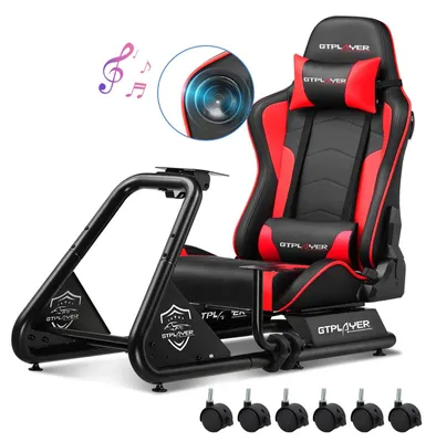 Image de Simulateur de course Cockpit - Fauteuil gaming GTS03 - Cuir PU, support pour volant et pédales, haut-parleurs intégrés, pliable, dossier réglable, rouge