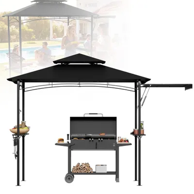 Image de Pavillon de barbecue LZQ avec auvent latéral, double toit, étagères latérales, panier métallique, crochets et décapsuleur, toits de barbecue résistants aux intempéries, abri de barbecue pour le jardin, 244 x 153 x 250 cm, noir