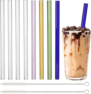 Zdjęcie produktu dla Słomki Szklane Bubble Tea 215x12 mm Kolorowe 8 szt. 2 Szczotki do Kuchni