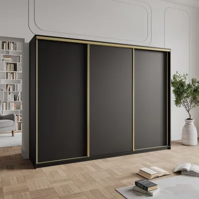 Produktbild von Masseno Schiebetürenschrank NISSE 270/205/60 cm Kleiderschrank mit Schubladen Schlafzimmer Schrank 3-türig Schwarz + Gold