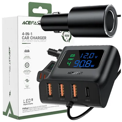 Image de Acefast Chargeur de voiture 90W Usb Type C / 3X Usb / Prise allume-cigare, Pps, Pd3.0, Qc3.0, Afc, Fcp Station de charge Noir (B8 Noir)