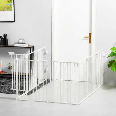 Produktbild von SUGIFT Welpenauslauf 8-teilig faltbar, Welpenlaufstall mit Doppelverriegelung & Tür, Hundegitter Stahl, Weiß | 60 x 76 cm | 14,57 kg | vielseitig einsetzbar