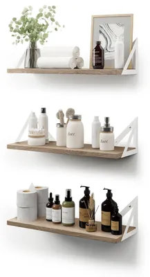 Image de Étagères murales suspendues, lot de 3, pour chambre, salon, bureau, salle de bains, cuisine, en bois rustique avec supports métalliques (blanc naturel)
