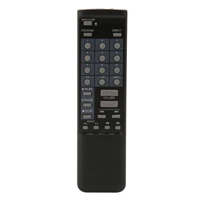 A black remote control with gray buttons is shown against a white background.