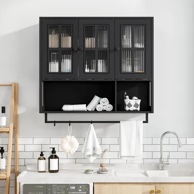 Produktbild von Badezimmer Wandschrank Holz MDF 3 Türen mit Glas und Handtuchhalter Schwarz 88x26x82.5 cm