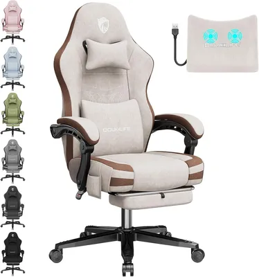 Imagen del producto de Silla de juego Douxlife, tapizada en tela con función de masaje, cojín de asiento reforzado, silla de escritorio ergonómica, silla para videojuegos, silla con reposapiés, capacidad de 158 kg, color beige