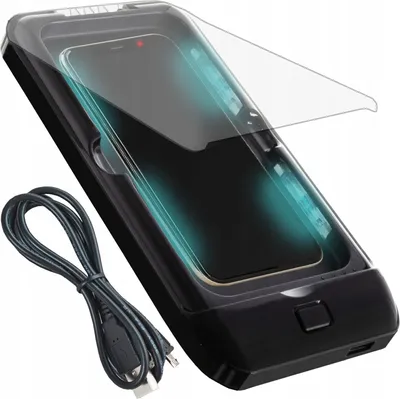 A black UV sterilizer box with a phone inside, illuminated by blue UV light, and a USB cable.