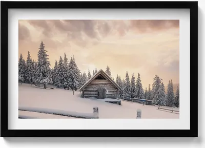 Produktbild von Landschaft einer Berghütte im Winter und bei Sonnenuntergang– Wandbild mit Rahmen – Gerahmtes Bild  – Wanddekoration – 60x40 cm –  Schwarz Rahmen