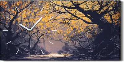 Produktbild von Leinwand Wanduhr Wandkunst Uhr 60x30 Nacht Herbst Wald Landschafts Malerei - weiße Hände