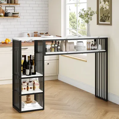 Produktbild von MODFU Bartisch 140×40×105 cm, Stehtisch mit Stauraum, Marmoroptik Tischplatte und Metallgestell,Küchentisch Esstisch für Küche und Esszimmer,Weiß + Schwarz