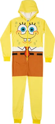 Produktbild von SpongeBob Schwammkopf Kostüm für Mädchen und Jungen - Overall mit Kapuze für Kinder Onesie Jumpsuit Einteiler Uni Gelb Karneval Halloween Cosplay Party 134-140