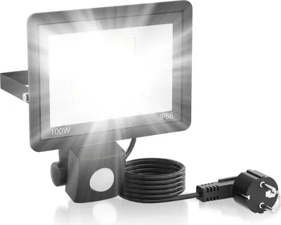 Produktbild von UISEBRT 100W LED Fluter mit Bewegungssensor - Außenstrahler, Sicherheitsleuchte, Kaltweiß Strahler mit Stecker, für Garten, Hof, Garage und Terrasse