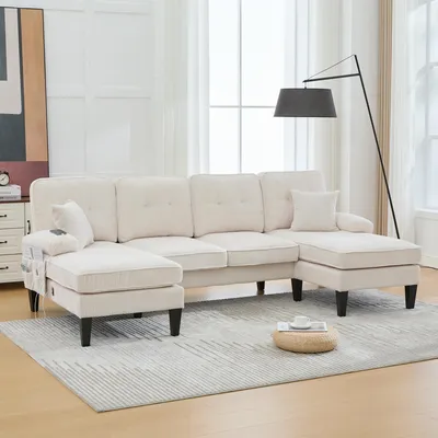 Produktbild von okwish U-förmiges 4-Sitzer Sofa Chaiselongue mit zwei Chaise-Lounges,Loungesofa mit Rückenlehne und komfortabler Polsterung aus Cordstoff,Beige