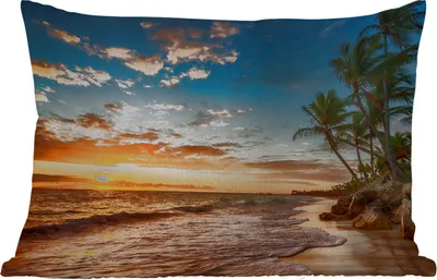 Produktbild von MuchoWow® Outdoor Kissen - Strand - Sonnenuntergang - Meer - Palme - 60x40 cm - Wetterfest - Lounge Kissen - Zierkissen - Kissen für Innenräume