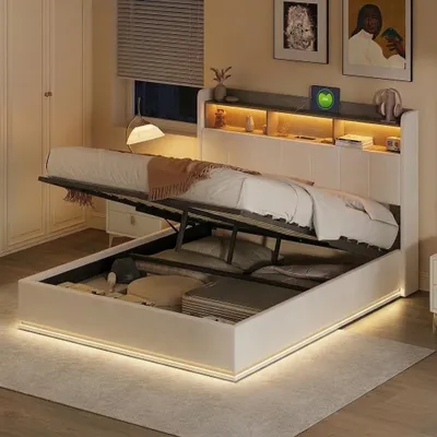 Produktbild von INONEFT Boxspringbett 140x200cm mit LED, Doppelbett mit Lattenrost und Stauraum, Jugendbett Stauraumbett mit USB, Polsterbett Samt, Beige