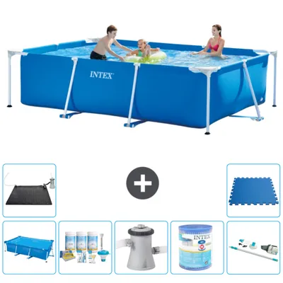 Produktbild von Intex-Schwimmbecken mit rechteckigem Rahmen – 300 x 200 x 75 cm – Blau – im Lieferumfang enthalten Sonnensegel - Wartungspaket - Filterpumpe für Schwimmbad - Filter - Staubsauger - Solarmatte