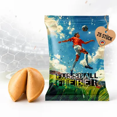 Produktbild von 25 Glückskekse Fußball – vegane Kekse mit Fußballsprüchen und Team-Facts