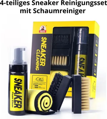 Produktbild von 4-teiliges Sneaker Reinigungsset mit Schaumreiniger – Trockenschaum, Bürsten & Mikrofasertuch – Ohne Wasser