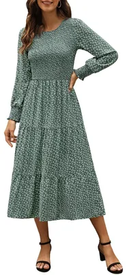 Produktbild von Zattcas Damen Herbstkleider 2024, lässig, langärmelig, gesmokt, Boho-Stil, Blume