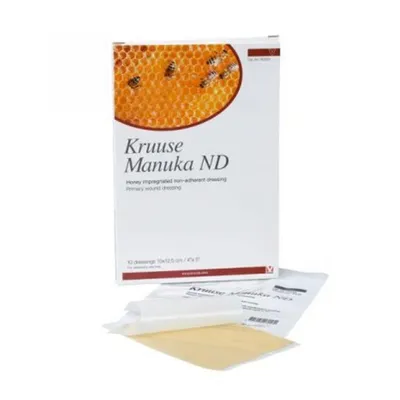 Imagen del producto de 10 apósitos para heridas Kruuse Manuka ND, no adhesivos, de 10 cm x 12,5 cm