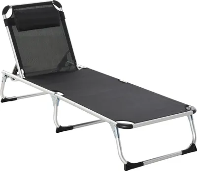 Produktbild von Outsunny skládací zahradní lehátko s polštářem pod hlavu nastavitelným až do 120 kg pro venkovní park, zahradu, černá barva