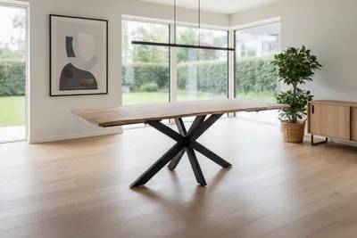 Produktbild von Esstisch Baumkante Akazie natur 120(200)x90 Ansteckplatten Spider-Gestell schwarz AVINO