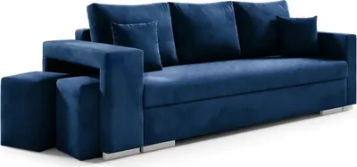Produktbild von Schlafsofa TANGO, Sofa mit Schlaffunktion und Bettkasten, Klappsofa, Schlafcouch inkl. Zwei Puffer, Veloursstoff, Couch in Frabe: Blau