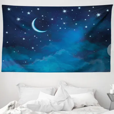 Produktbild von ABAKUHAUS Sterne Wandteppich, Aquarell Nachthimmel aus Weiches Mikrofaser Stoff Waschbar ohne Verblassen Digitaldruck, 230 x 140 cm, Nachtblau und Hellblau