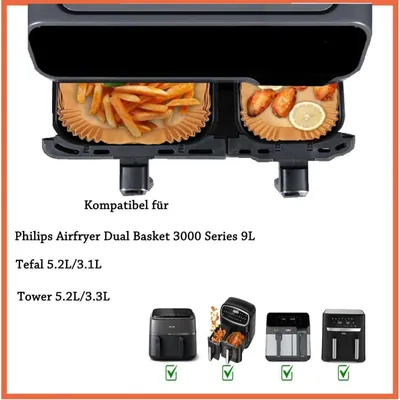 Immagine prodotto di Carta forno per friggitrice ad aria, 120 pezzi, compatibile con i modelli Philips Dual Basket serie 3000/5000 da 9 litri, accessori per friggitrice ad aria