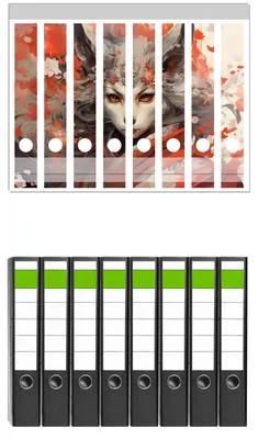 Produktbild von Wallario 8 Stück schmale Ordner inkl. Klebeetiketten mit Motive Mystischer Fuchsgeist -  Set mit Rückenschildern / Ordnerrücken Stickern