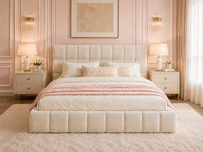 Produktbild von okwish Polsterbett 140×190 mit gepolstertem Kopfteil, Doppelbett mit Polsterumrandung,Samt, Jugendbett in Beige,ohne Matratze
