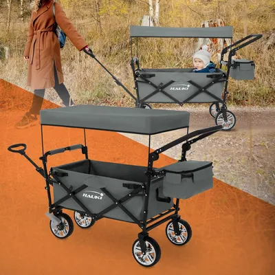 A person is pulling a wagon with a baby in it, and another wagon is shown in the foreground.