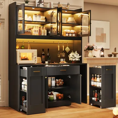 Produktbild von okwish Küchenschrank mit App-Steuerung LED, großzügigem Stauraum,Küche Hochschränke mit zwei dreistöckigen Schubladen,Glasvitrinen,Schwarz