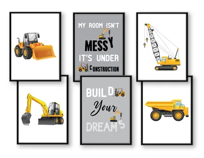 Produktbild von WIETRE® 6er Set Bilder Baufahrzeuge Bagger Kran Deko Bild Poster DINA4