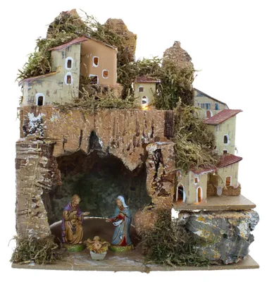 Image de Crèche de Noël - Grotte illuminée - 3 santons - 20 x 14 x 26 cm - Naturel