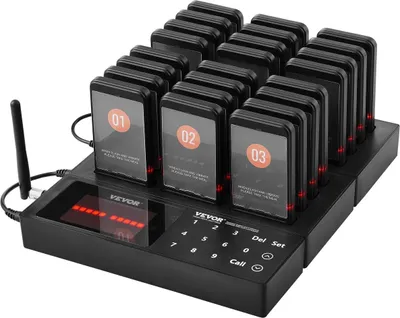 Obrázek produktu pro Restaurační pagerový systém, bezdrátový signál pro frontu s dlouhým dosahem 400 m, pagery pro volání hostů s vibracemi a blikáním, 24 bzučáků pro food trucky, kostely, školky, nemocnice