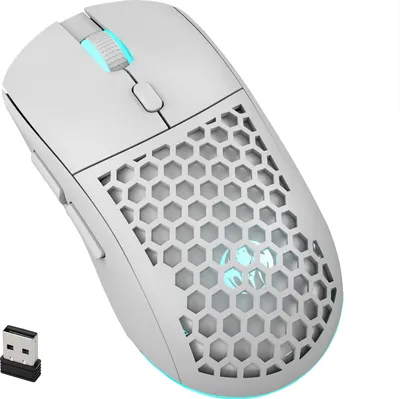 A white wireless computer mouse with a honeycomb design on the palm rest and a USB receiver.