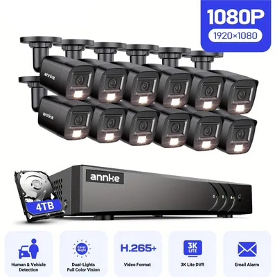 Imagen del producto de Kit de seguridad: grabador de 16 canales, 12 cámaras Full HD de 1080p, detección por inteligencia artificial, almacenamiento de 4 TB