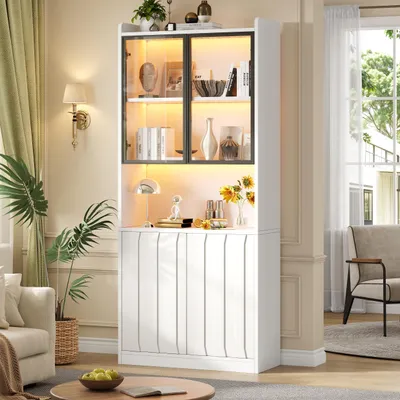 Produktbild von MODFU Vitrinenschrank 80 x 35 x 200 cm,Glasvitrine mit Beleuchtung,Hochschrank mit Glastüren und offenen Fächern,Wohnzimmerschrank Weiß