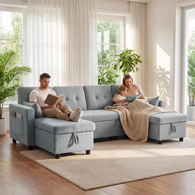 Produktbild von SUGIFT Ecksofa mit Schlaffunktion, Schlafsofa mit Bettkasten, U-Form, Leinenoptik, Grau | 241 x 147 x 85 cm | 3-Sitzer Chaiselongue | 3-Stufen-Rückenlehne