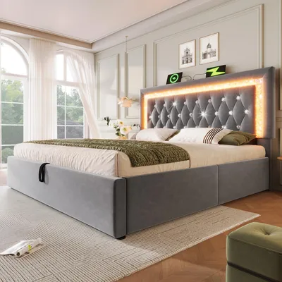 Imagen del producto de Cama tapizada Zerbaco, cama de matrimonio, 140x200 cm, con espacio de almacenamiento hidráulico, iluminación LED, estación de carga USB y Type-C, color gris, con somier, sin colchón