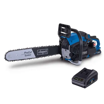 A blue and gray chainsaw with a black and silver bar, placed on a white background. A black battery pack is positioned to the right of the chainsaw.
