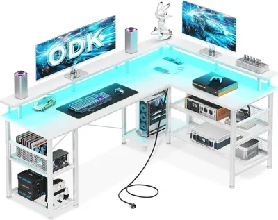 Obrázok produktu pre Herný stôl LED 2 zásuvky USB nabíjacie porty Rohový stôl biely 150 × 102 cm