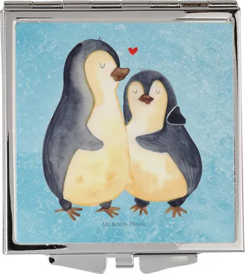 Produktbild von Mr. & Mrs. Panda Kleiner Spiegel Pinguin umarmen - Eisblau - Geschenk, Verknallt, Hochzeitstag, Liebe, Kosmetikspiegel, Schminkspiegel, Klappbarer, Handspiegel, Hochzeit