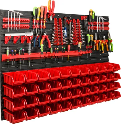 Obrázek produktu pro Skladovací systém Dílenský regál | 117 x 78 cm | 44 ks. Box | Nástěnný regál s držáky na nářadí a stohovatelnými boxy - Nástěnné desky Extra silný regál s výsypkami Nástěnná deska s otvory pro nářadí Skladovací regál Garážový regál