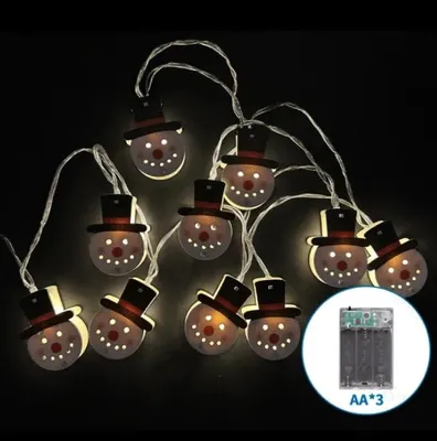 Lichterkette mit Schneemann aus Holz, 1,5 m, warmweiß, batteriebetrieben
