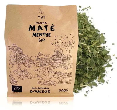Immagine prodotto di YVY MATÉ Yerba Maté Biologico alla Menta, 500g | BIOLOGICO, equo e non affumicato | Senza gambi | Perfetto per iniziare e godere dei benefici in modo delicato | Aroma delicato di menta | Bevanda energizzante
