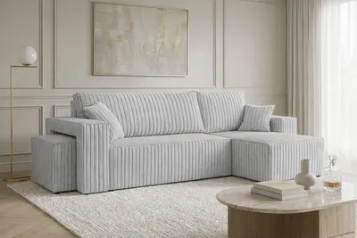 Image de Canapé d'angle  avec fonction couchage et pouf, velours côtelé Tilia, gris, version droite, BEST L avec pouf